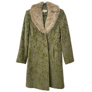 Vintage Merona Coat Womens Small Green Flowers Faux Fur Penny Lane Maximalist